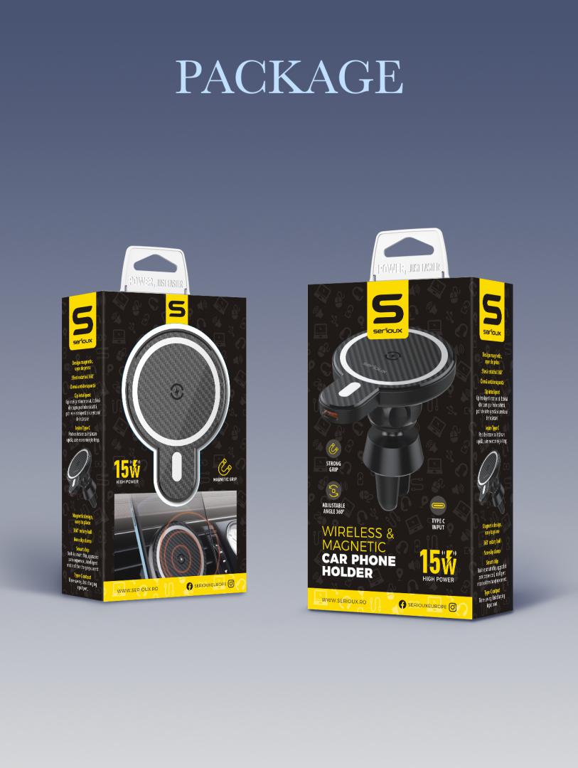 Suport telefon auto Serioux, MagSafe, incarcare wireless 15W, grila ventilatie, negru
