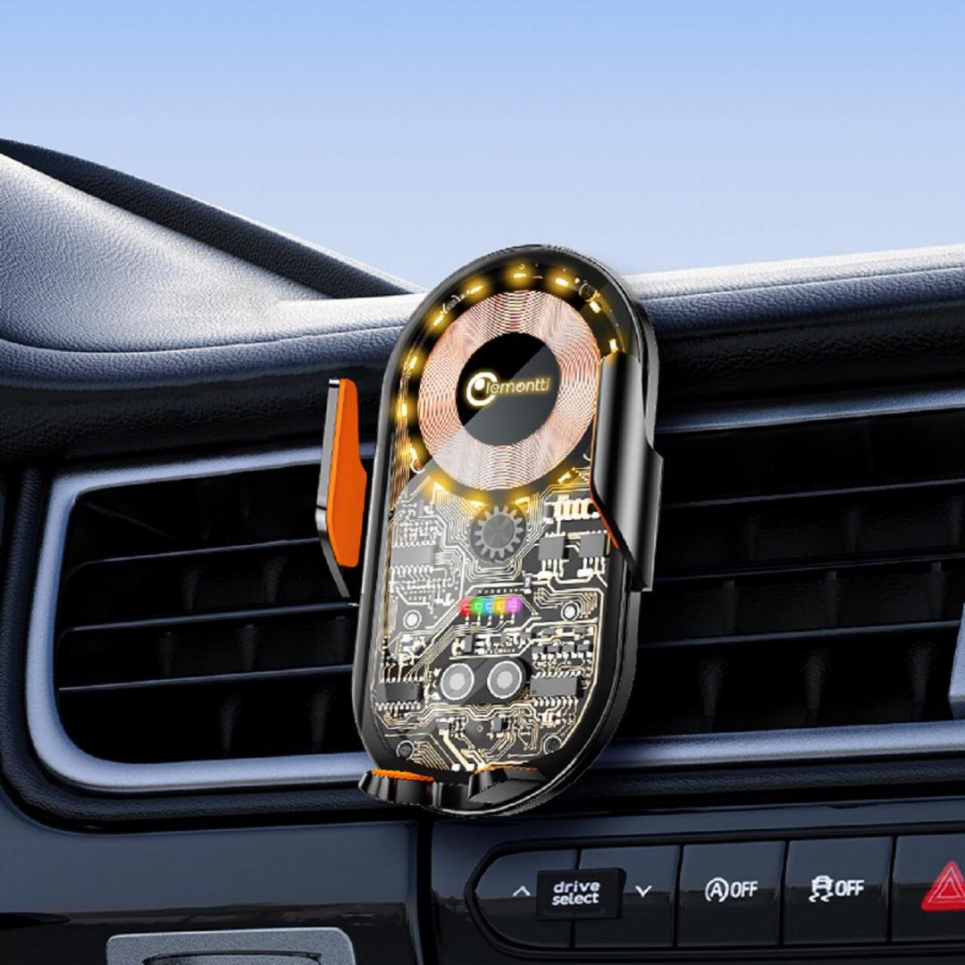 Suport Telefon Auto Lemontti cu Incarcare Wireless 15W, Senzor Infrarosu, Grila Ventilatie, Transparent/Negru