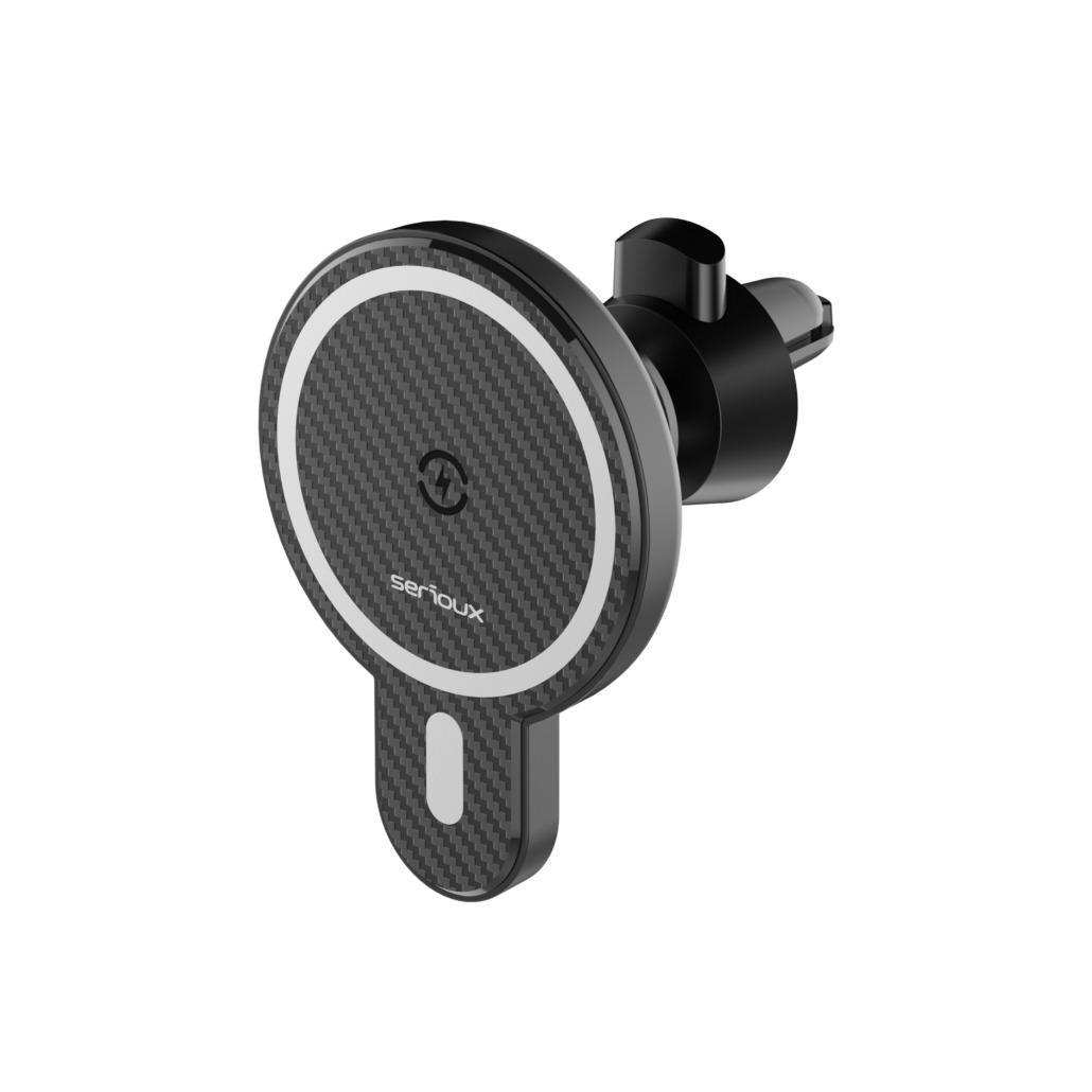 Suport telefon auto Serioux, MagSafe, incarcare wireless 15W, grila ventilatie, negru