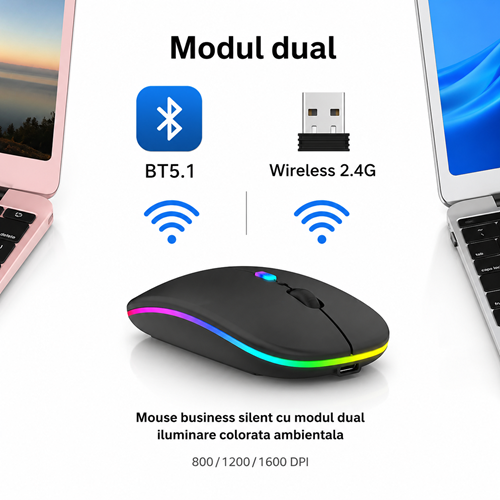 Mouse Wireless, UMBER Z1, LED, Dual Mode, Reincarcabil, Silentios, Negru