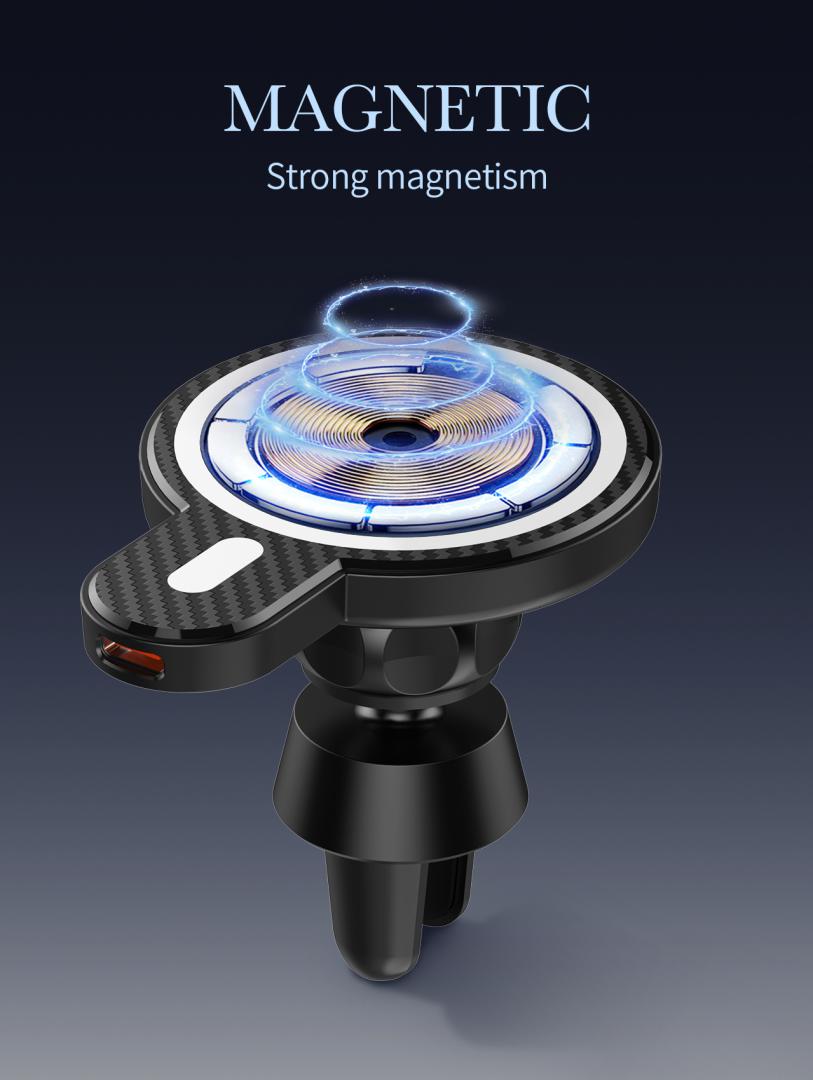 Suport telefon auto Serioux, MagSafe, incarcare wireless 15W, grila ventilatie, negru